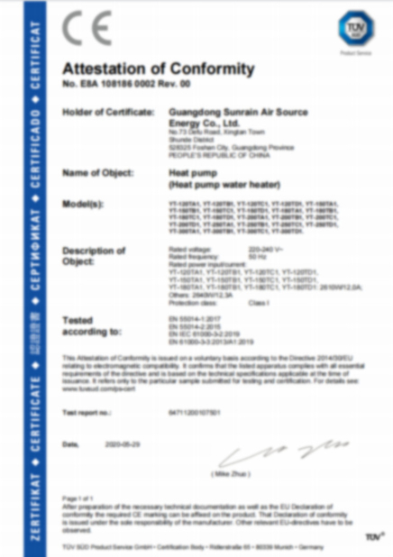 China Solareast Heat Pump Ltd. Certification